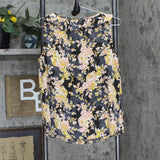 LC Lauren Conrad Womens Shiny Ruffle Trim V-Neck Blouse Shirt Top Black Floral S