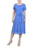 Ny Collection Womens Petite Short Sleeve Belted Swiss Dot Dress Sky Blue PM