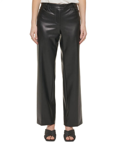 Calvin Klein Womens Petite Faux-Leather Mid-Rise Career Pants T28P1477