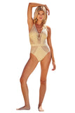 Becca Polished Crochet Plunge One Piece Womens Swimsuit 921057 Gold Yellow M