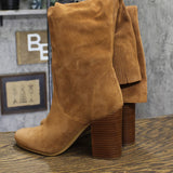 Michael Michael Kors Suede Block Heel Ruched High Heel Boots Luggage Brown 9.5M