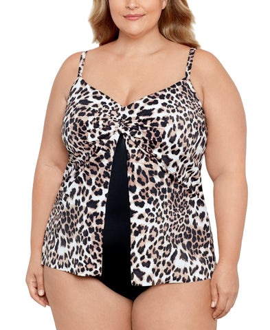 Swim Solutions Size Knotted Flyaway Fauxkini One-Piece Swimsuit Brown Animal 20W