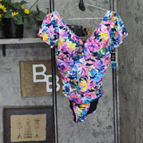 Swim Solutions Womens Flutter-Sleeve One Piece Swimsuit Floral Print Pink 14