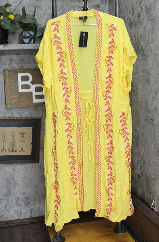 Curations Womens Plus Tie Front Kaftan Woven Jacket Lightweight Yellow Multi 3X