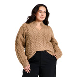 A New Day Long Sleeve Turnover Split Neck Cable Knit Pullover Sweater Brown 1X