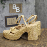 A New Day Raffia Block Heel Crisscross Sandal Open Toe Natural Tan Brown 9.5M
