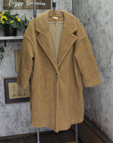 Stevie Hender Womens Long Sherpa Fleece Button Front Parka Jacket Coat Brown S