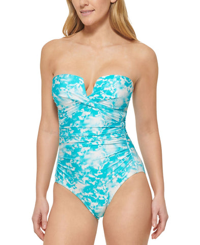 Womens Printed V-Notch Bandeau One-Piece Swimsuit Blue Multi 6