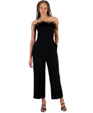 Sam Edelman Womens Strapless Bandeau Neck Feather Trim Jumpsuit Black 8