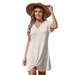 Cupshe Notched Neck Short Sleeve Twisted Cover-Up Mini Dress Beige Brown M