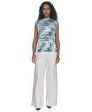 Calvin Klein Womens Petite Printed Pleated Sleeveless Top Positano Blue Multi PM