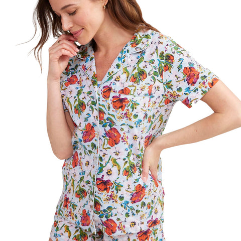 Vera Bradley Pajama Set With Button-up Shirt and Shorts Sea Air Floral Blue 2XL