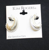 Kim Rogers Fashion Crescent Studded Huggie Hoop Earrings Silver Gray / White 1"