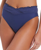 Bar III Wave Solids Smocked V-Waist High-Leg Bikini Bottom Near Nautical Blue S