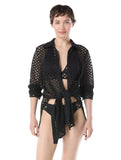 Carmen Marc Valvo Crochet Button-Up Cover-Up Shirt C21835 Black L