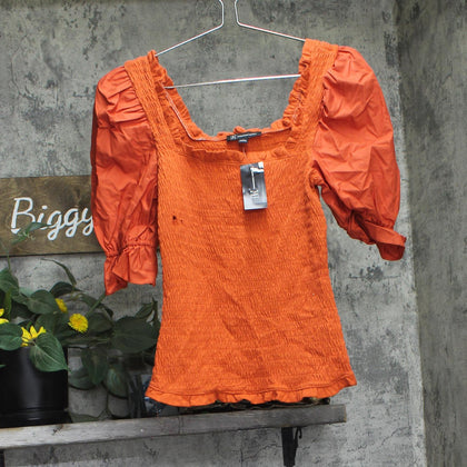 INC International Concepts Smocked Puff-Sleeve Solid Top Summer Fig Orange S