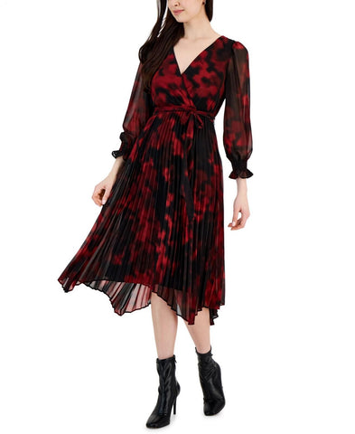 Taylor Women's Printed Pleated Fit & Flare Dress 2671M Black Ruby Red 4