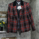 Kasper Notch Collar Open Front Tweed Jacket  w/ Velvet Neck Fire Red Multi 8