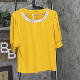 Ny Collection Puff Sleeve Embellished Neckline Blouse Top Golden Glow Yellow PXL
