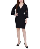 Ny Collection Womens Petite Sheer-Sleeve Wrap Dress PITD7701 Black PL