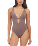 Sanctuary Refresh Rib Plunging Lace Back Mio One-Piece Swimsuit Iron Brown M