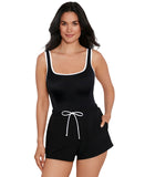 Mimi Flamingo One-Piece Romper Swimsuit with Drawstring Waist Black / White 14