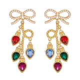 Festive Holiday Faux Pearl Christmas Lights Drop Earrings Gold Multi 3.6"