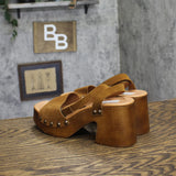 Steve Madden Suede Wooden Platform Block Heel Sandals KARS03S1 Cognac Brown 7M