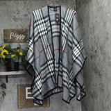 V. Fraas Womens Solid Border Plaid Rounded Edge Wrap Ruana Shawl Gray Multi