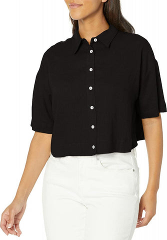 Nia Womens Button Up Cropped Boxy Shirt Black M