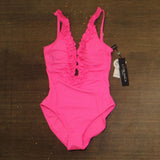 La Blanca Womens Island Goddess Ruffled Plunge One Piece Swimsuit Bright Pink 4