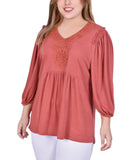 Ny Collection Womens Plus Size 3/4 Sleeve Knit Gauze Top with Crochet WKGU4490