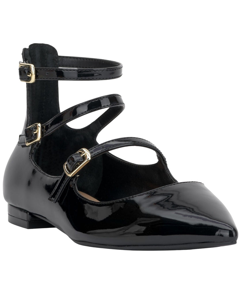 INC International Concepts Womens Valan Triple-Strapped Flats Black Patent 6M
