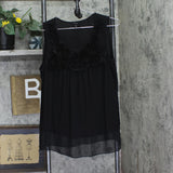 Espresso Rose Applique Chiffon Trim Knit Sleeveless Top Black 1X