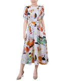 Ny Collection Short Sleeve Midi Length Jacquard Dress Country Painting White S