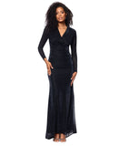 Betsy & Adam Ruched Surplice V Neck Long Sleeved Dress Black / Silver 16