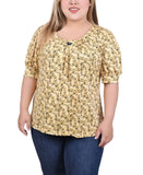 Ny Collection Plus Size Top with Short Balloon Sleeves Yellow Black Floral 3X