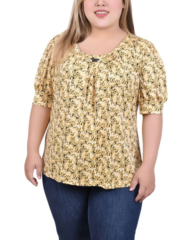 Ny Collection Plus Size Top with Short Balloon Sleeves Yellow Black Floral 3X