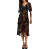 Connected Apparel Petite Chiffon Sheath Dress with Ruffle Trim Multi Brown 4P