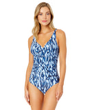 Anne Cole Hidden Underwire Drape Front One Piece Swimsuit Tie Dye Ikat Blue 16