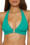 Becca Womens Modern Edge Mira Rib U Buckle Halter Swim Top Peacock Blue Green D