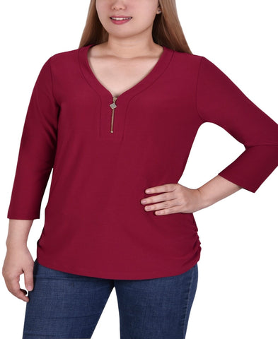 Ny Collection Womens Long Sleeve Crepe Knit Zipper V-Neck Tee Burgundy Red 1X