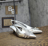 INC International Concepts Slingback Pumps Kitten Heels Silver Crinkle Gray 9.5M
