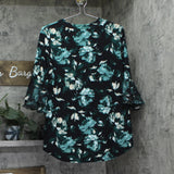 Kasper Print Split-Neck Flutter Bell-Sleeve Blouse Top Evergreen Green Multi M