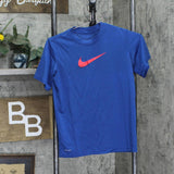 Nike Kids Boys Check Logo Dri-Fit Short Sleeve Athletic T-Shirt Tee Blue / Red M