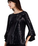 Kasper Womens Shine Sequin Ruffle Sleeve Top Blouse 10915717 Black S