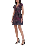 Vince Camuto Womens Jacquard Fit & Flare Puff-Sleeve Dress Wine Red Multi 6