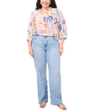 Vince Camuto Floral Peasant Blouse, Long Sleeve Tie Neck White Multi 3X