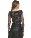 DKNY Womens Scoop-Neck Printed Mesh Long-Sleeve Bodysuit P2JH1OQK Black Multi XL