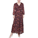 Ny Collection Womens Long Sleeve Mesh Maxi Dress Black Rust Paisley PXL